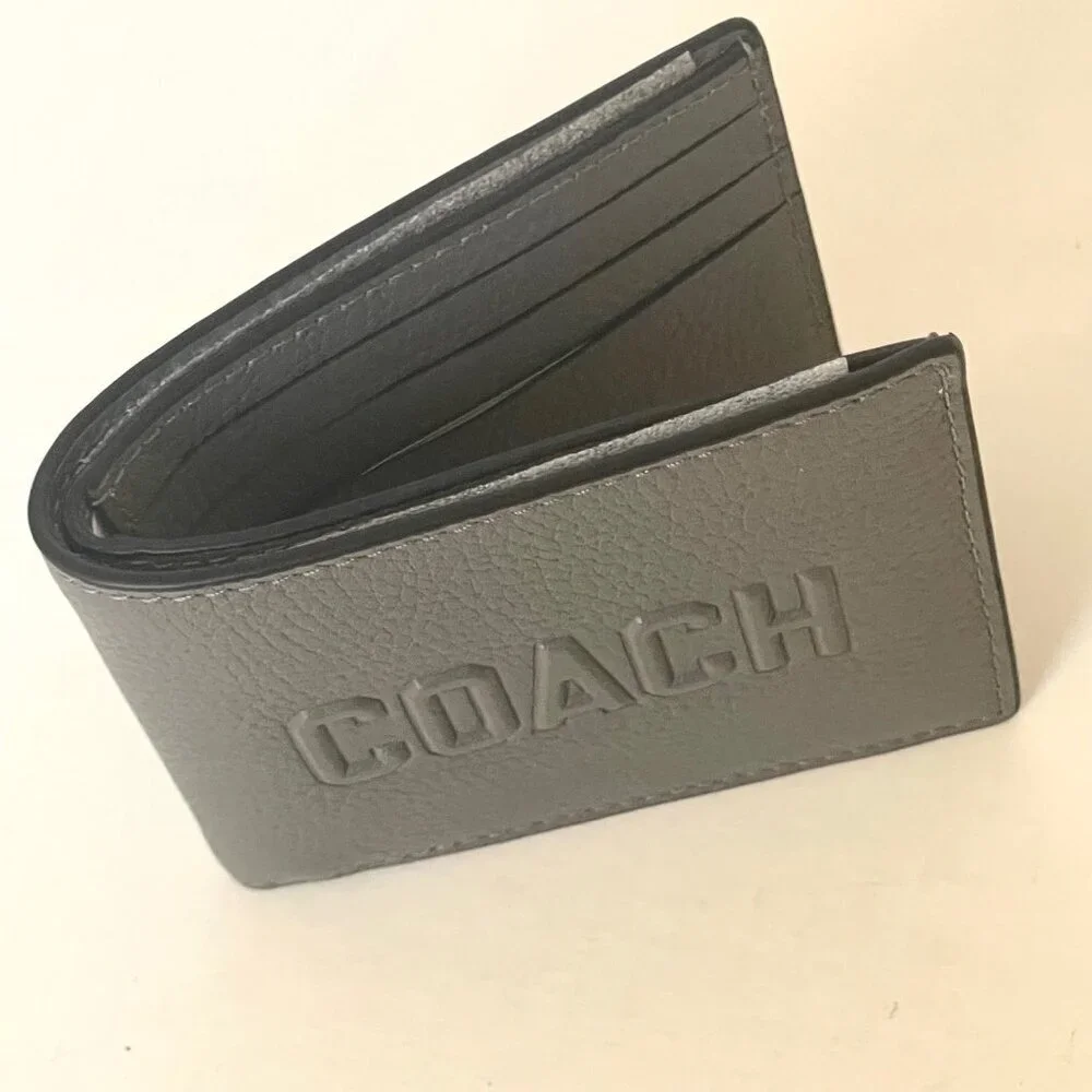 Coach Slim Billfold Wallet Charcoal Gray Graphic Pebbled Leather Mens CZ062